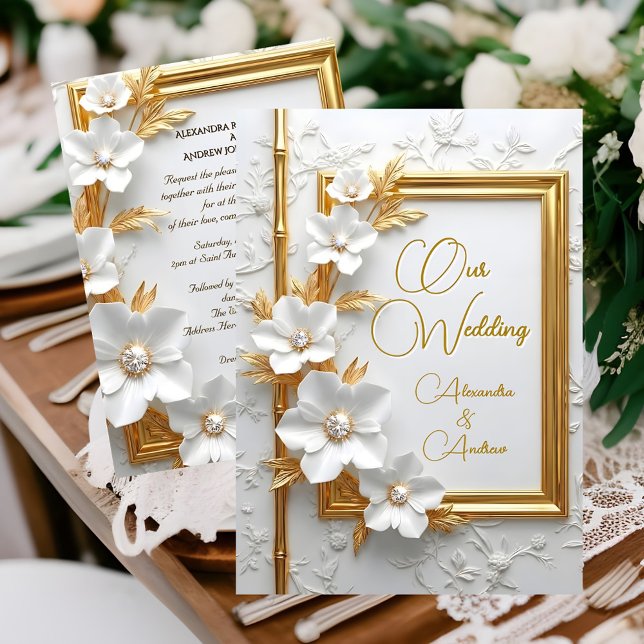 Convite Casamento Elegante Floral Branco com Diamante e Do (Criador carregado)