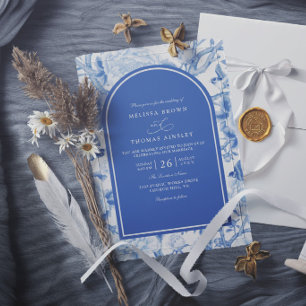 Convite Casamento Elegante Floral Chinois Azul Delft Branc