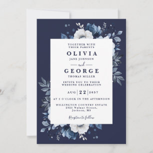 Convite Casamento Elegante Floral Código QR Azul Marinho R