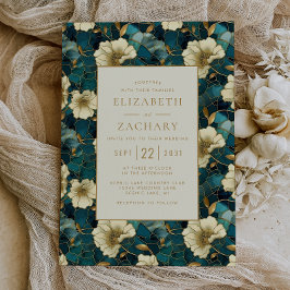 Convite Casamento Elegante Floral Creme Azul Escuro Dourad