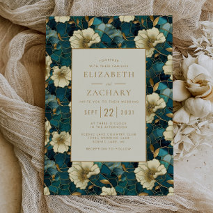 Convite Casamento Elegante Floral Creme Azul Escuro Dourad
