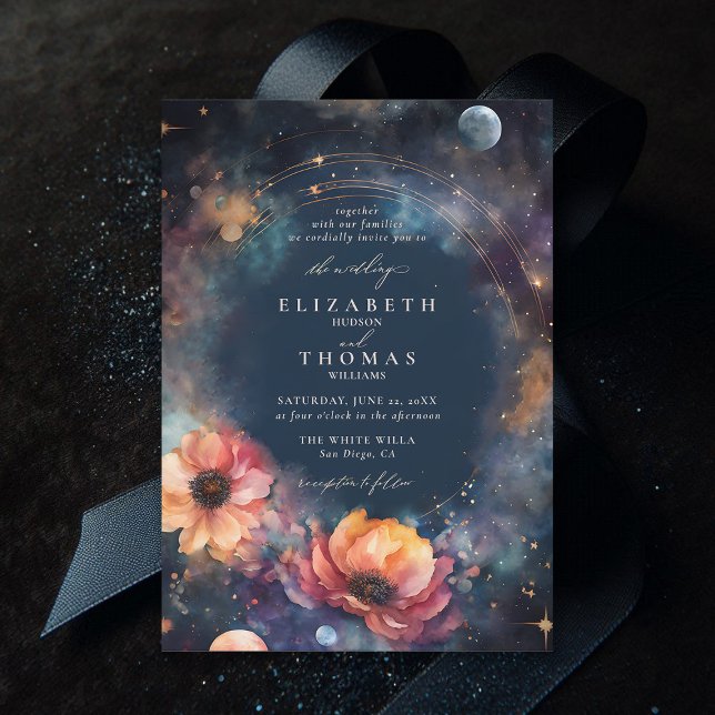 Convite Casamento Elegante Floral das Estrelas das Águas C (celestial wedding invitation moody dark midnight sky watercolor floral elegant modern classic)