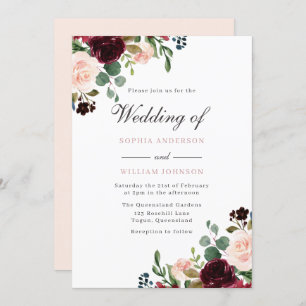 Convite Casamento Elegante Floral de Blush & Burgundy Wate