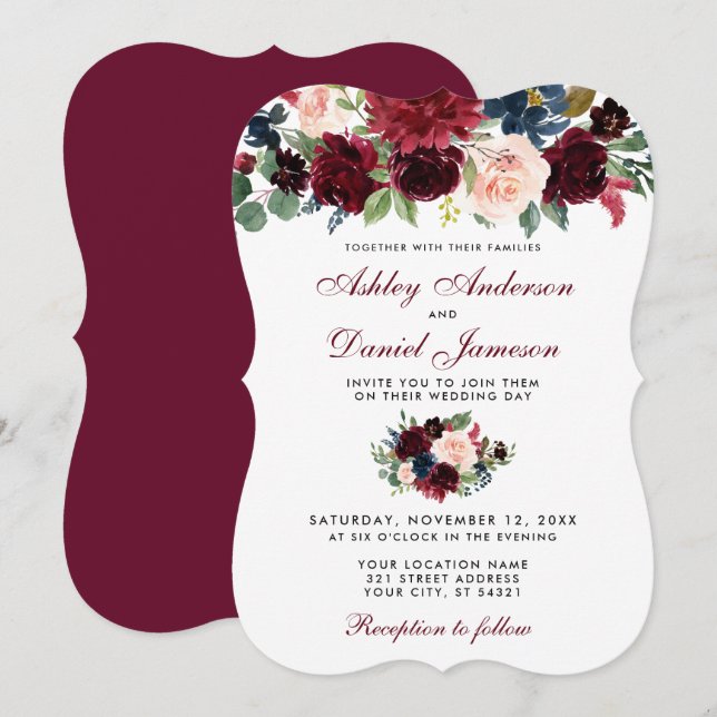 Convite Casamento Elegante Floral de Cor Azul Burgundy (Frente/Verso)