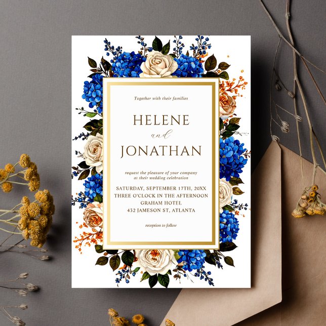 Convite Casamento Elegante Floral de Cor Azul Cobalto (Cobalt Blue Watercolor Floral Elegant Wedding Invitation)