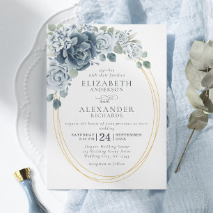 Convite Casamento Elegante Floral de Cor Azul Dusty