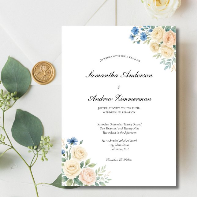Convite Casamento Elegante Floral de Creme Rosa Azul (Blue blush pink and cream watercolor floral elegant wedding invitation. Printed or Digital Download)