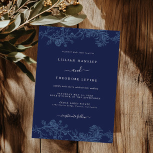 Convite Casamento Elegante Floral de Folha Azul Marinho Vi