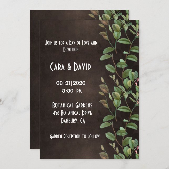 Convite Casamento Elegante Floral de Greenery Castanho Bot (Frente/Verso)