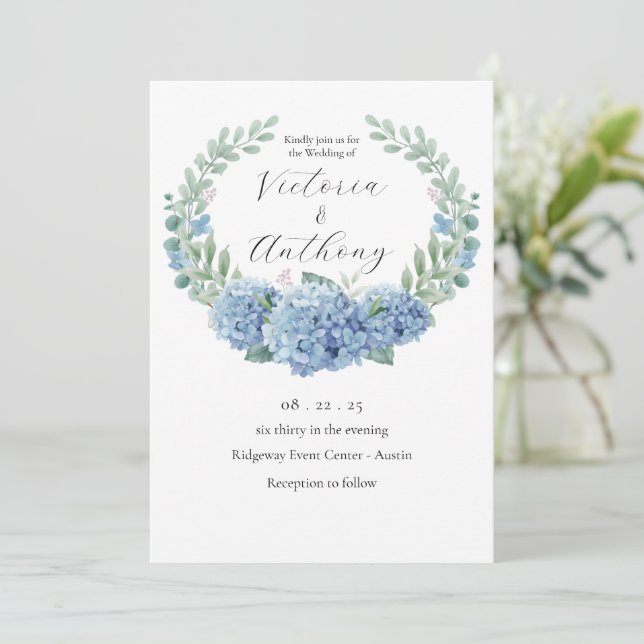 Convite Casamento Elegante Floral de Hydrangeas Azul (Em pé/Frente)