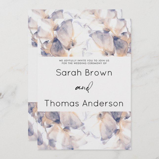 CONVITE CASAMENTO ELEGANTE FLORAL DE PATELAS BRANCO E AZUL (Frente/Verso)