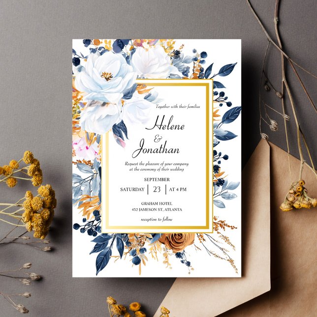 Convite Casamento Elegante Floral de Terracotta Azul-marin (Navy Blue Rust Terracotta Floral Elegant Wedding Invitation)