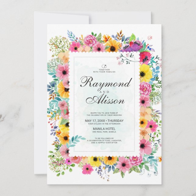 Convite Casamento Elegante Floral de Watercolor (Frente)
