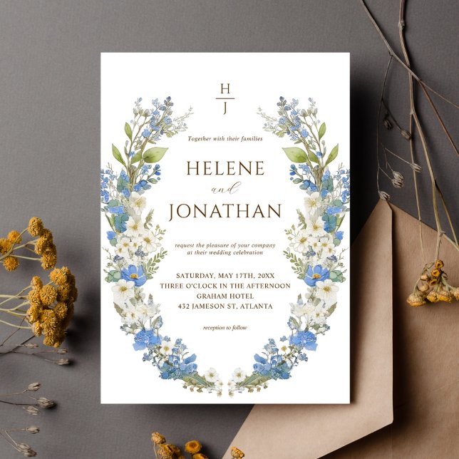 Convite Casamento Elegante Floral do Jardim Azul Dusty Boh (Dusty Blue Boho Garden Floral Elegant Wedding Invitation)