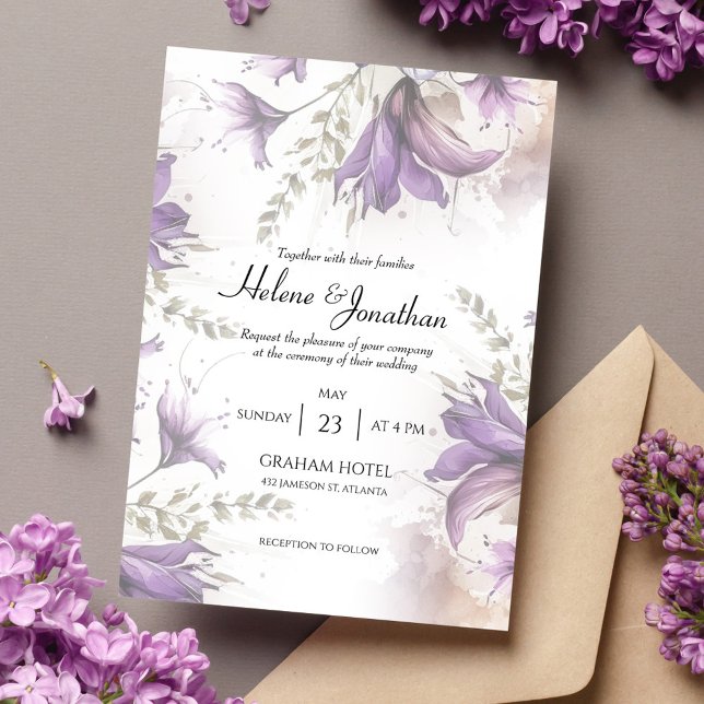 Convite Casamento Elegante Floral do Pastel Moderno Boho (Purple Pastel Modern Boho Floral Elegant Wedding Invitation)