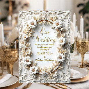 Convite Casamento Elegante Floral Dourado Branco Quadro Or