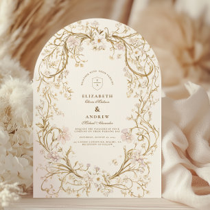 Convite Casamento Elegante Floral Dourado Vintage