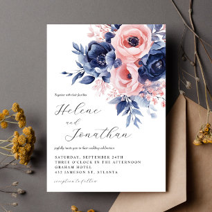 Convite Casamento Elegante Floral Elegante Cor-de-rosa-Blu