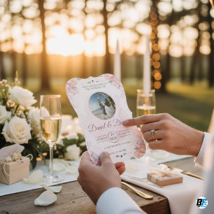 Convite Casamento Elegante Floral Floral Cor-de-Água Rosa