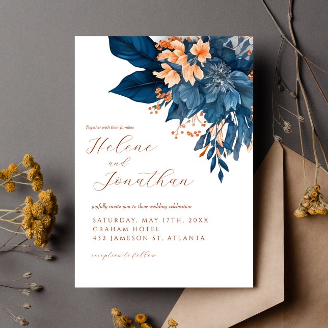 Convite Casamento Elegante Floral Floral de Laranja Azul d (Navy Blue Rust Orange Floral Elegant Wedding Invitation)