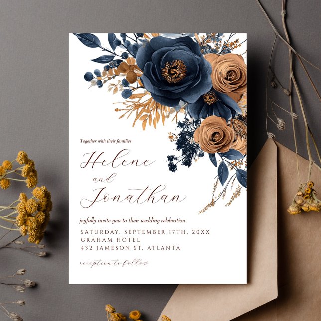 Convite Casamento Elegante Floral Floral de marinho Azul-F (Navy Blue Rust Watercolor Floral Elegant Wedding Invitation)