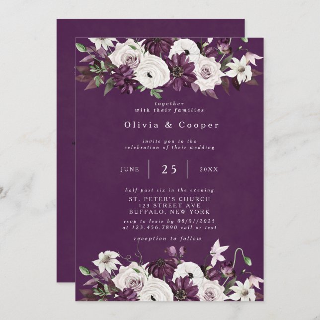 Convite Casamento Elegante Floral Floral de Plum e White W (Frente/Verso)