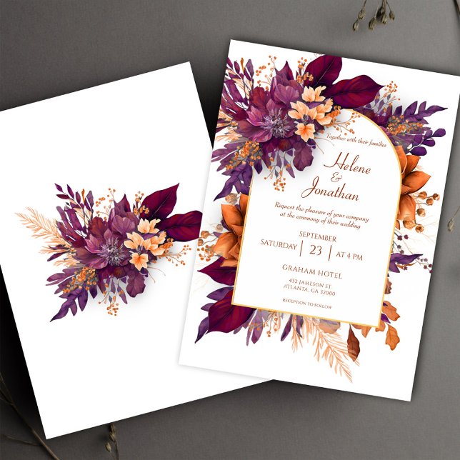 Convite Casamento Elegante Floral Floral de Terracotta Boh (Burgundy Terracotta Boho Floral Elegant Wedding Invitation)