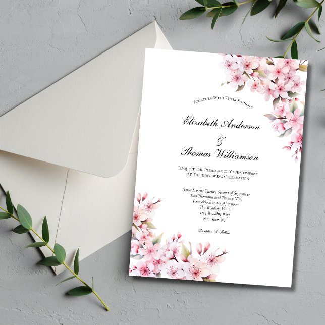 Convite Casamento Elegante Floral Floral do Blossom de Cer (Pink Sakura Cherry Blossom Floral Watercolor Elegant Wedding Invitation)