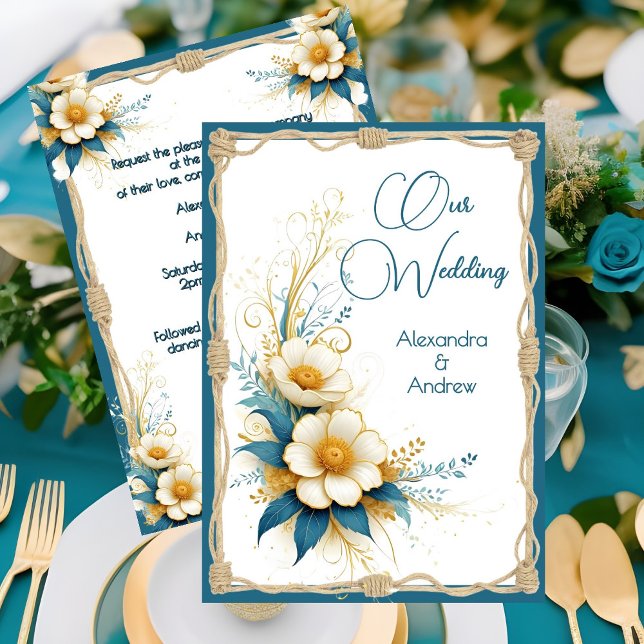 Convite Casamento Elegante Floral Flores Azuis Ciano Branc (Criador carregado)