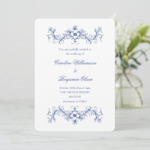 Convite Casamento Elegante Floral Francês Azul e Branco