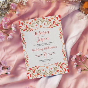 Convite Casamento Elegante Floral Laranja Vermelho Mexican