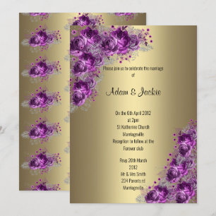 Convite CASAMENTO ELEGANTE floral Lilac Roxo Moderno Doura