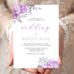 Convite Casamento Elegante Floral Lilás Script Prata