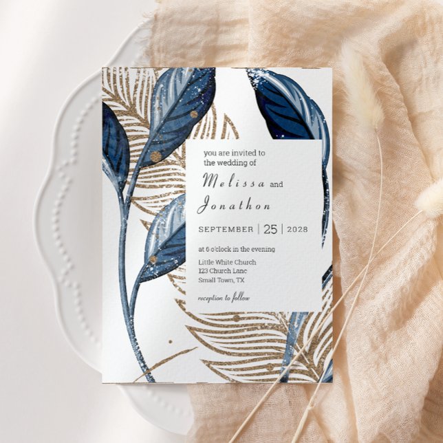 Convite Casamento Elegante Floral Moderno Dourado Azul (Criador carregado)