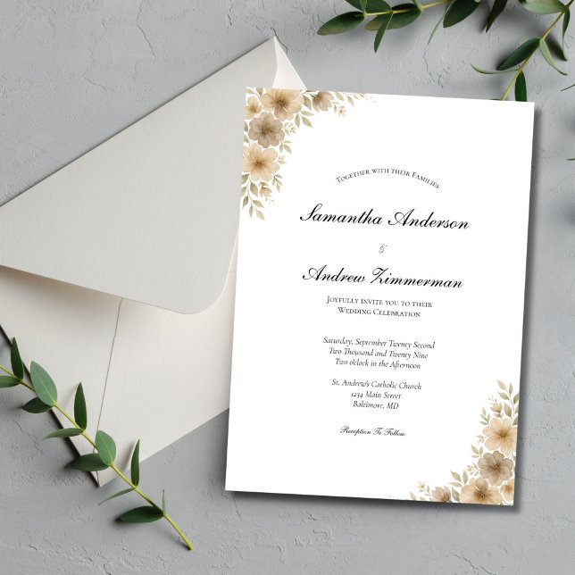 Convite Casamento Elegante Floral Neutral De Cinzas De Bei (Beige Cream Gray Neutral watercolor Florals Wedding Invitation. Boho Modern, Printed or Digital)