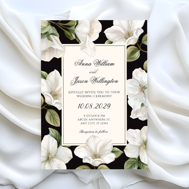 Convite Casamento elegante floral preto e branco (Criador carregado)
