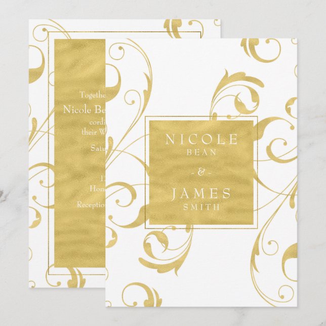 Convite Casamento Elegante Floral Redemoinho Branco e Dour (Frente/Verso)
