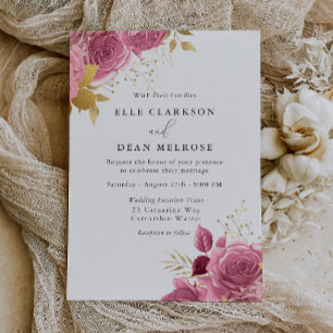 Convite Casamento Elegante Floral Rosa e Dourado