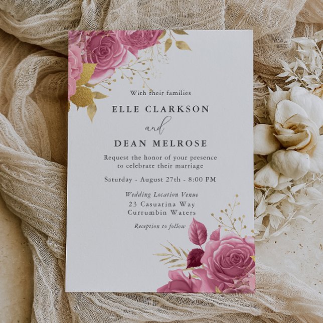 Convite Casamento Elegante Floral Rosa e Dourado (Criador carregado)