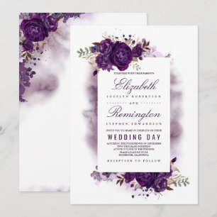 Convite Casamento elegante floral roxo da aguarela da