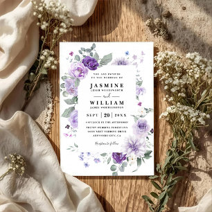 Convite Casamento Elegante Floral Roxo Rústico Código QR