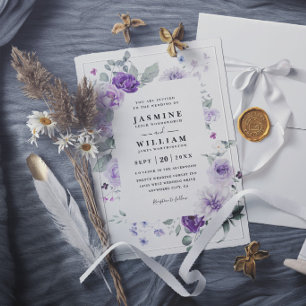 Convite Casamento Elegante Floral Roxo Rústico Moderno Chi