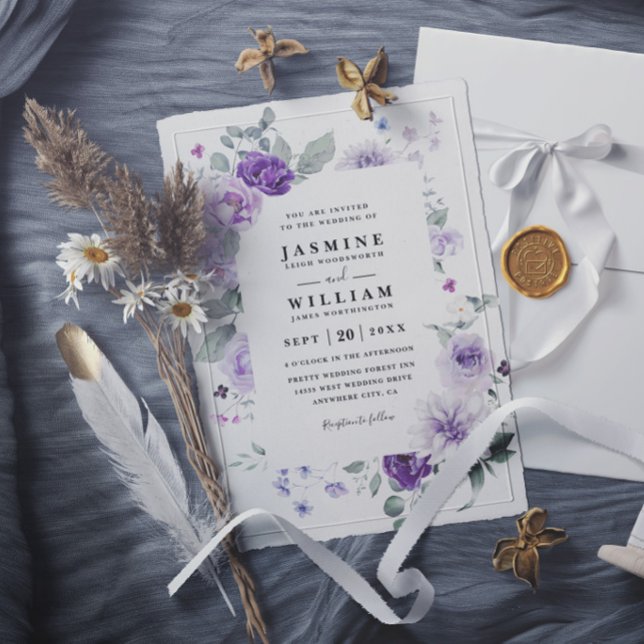 Convite Casamento Elegante Floral Roxo Rústico Moderno Chi (Criador carregado)