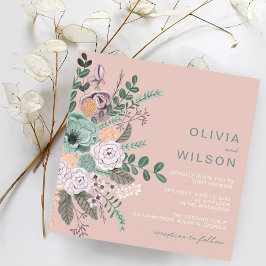 Convite Casamento Elegante Floral Rubor Quadrado