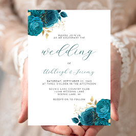 Convite Casamento Elegante Floral Turquesa Dourado Script
