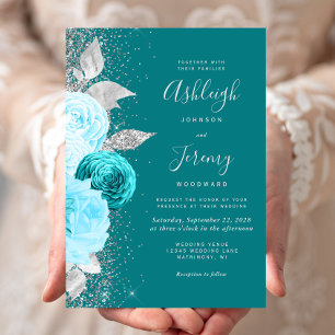 Convite Casamento Elegante Floral Turquesa Prata Brilho