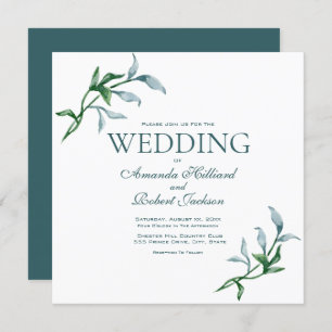 Convite Casamento Elegante Floral Verde Azul de Aquarela