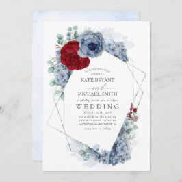 Convite Casamento Elegante Floral Vermelho Dusty Blue e Bu