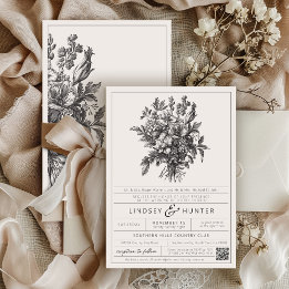 Convite Casamento Elegante Floral Vintage em Marfim Chinoi