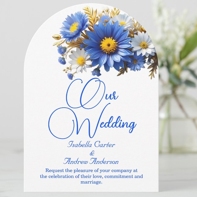 Convite Casamento Elegante Flores Azuis Brancas Amarelas (Criador carregado)